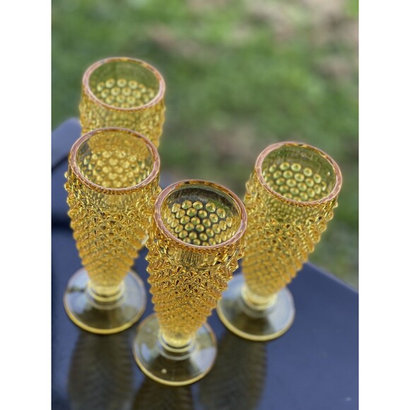 4‎ L.E. Smith Hobnail 8oz Glasses Footed Pedestal Wine Parfait Yellow Gold Amber - Picture 4 of 13